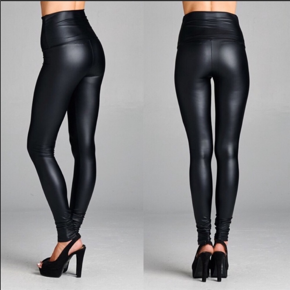 High Waist Faux Leather Tummy Control Leggings - Picture 3 of 4